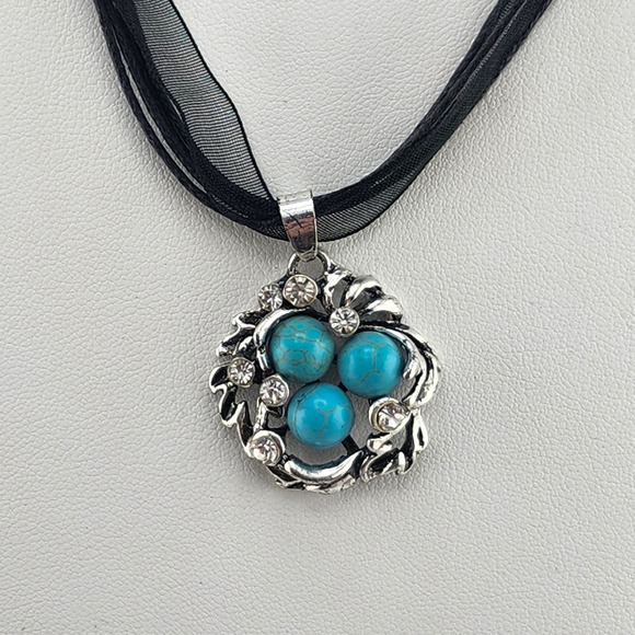 Jewelry - Silver Tone Turquoise Style Rhinestone Pendant Necklace Black Ribbon